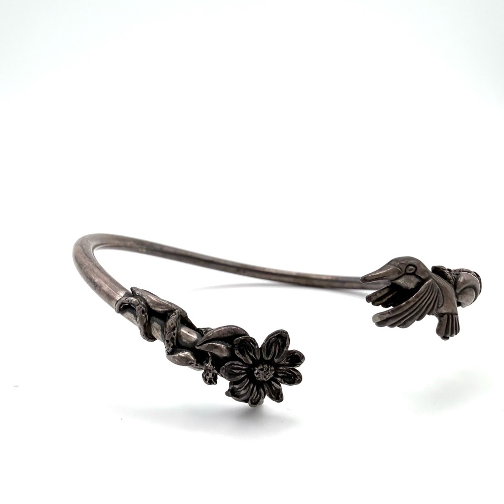 925 Vintage Floral Hummingbird & Flower Silver Bipass Bracelet